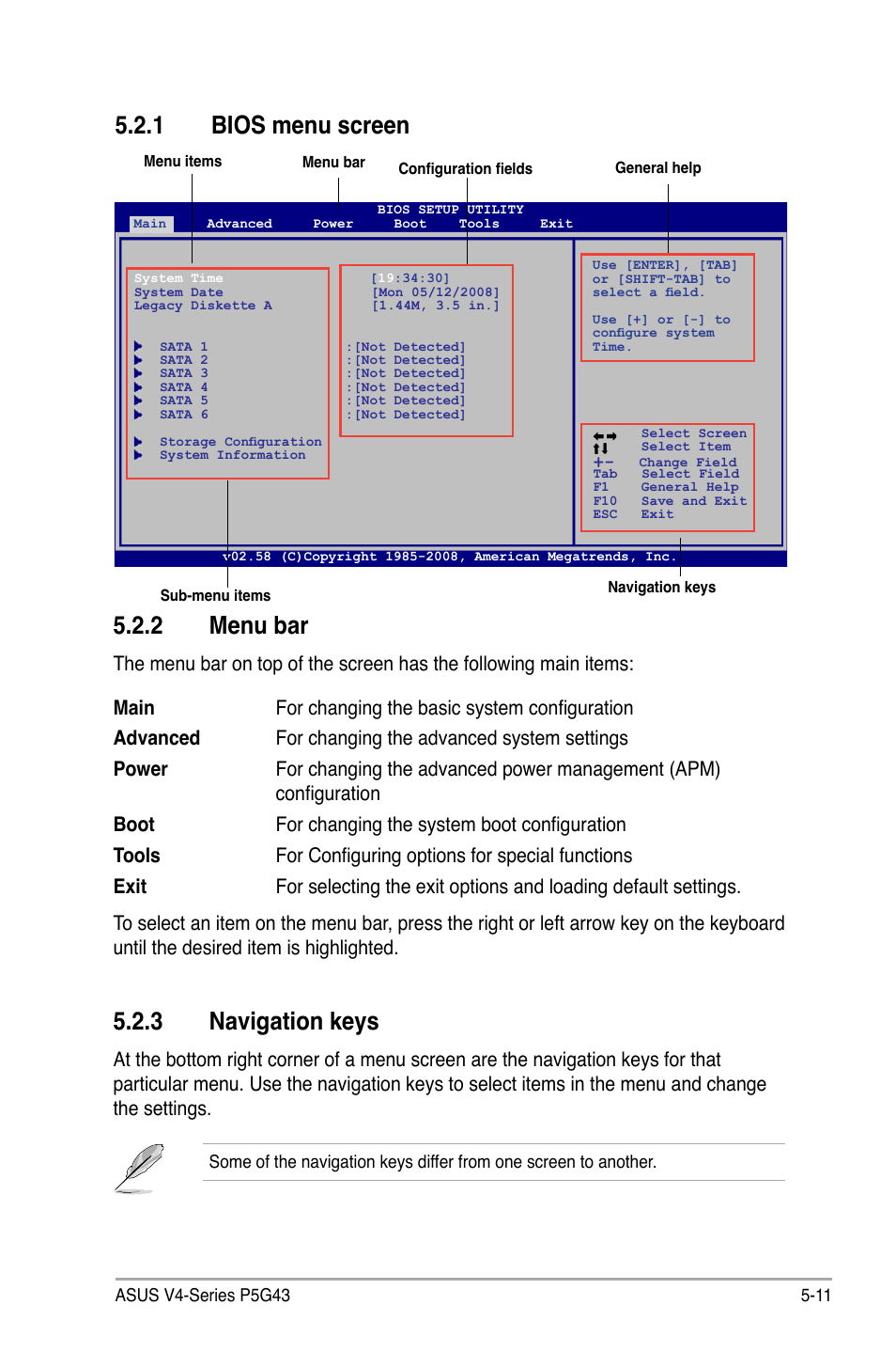 2 menu bar, 3 navigation keys, 1 bios menu screen | Asus V4-P5G43 User Manual | Page 83 / 110