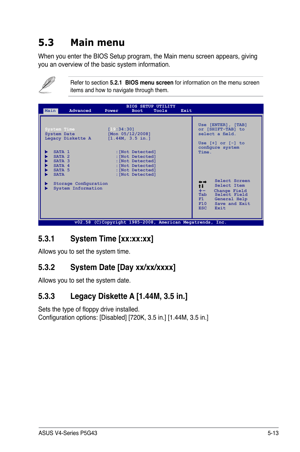 3 main menu, 1 system time [xx:xx:xx, Allows you to set the system time | Allows you to set the system date | Asus V4-P5G43 User Manual | Page 85 / 110