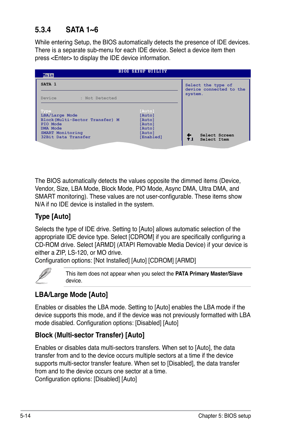 4 sata 1~6, Type [auto, Lba/large mode [auto | Block (multi-sector transfer) [auto | Asus V4-P5G43 User Manual | Page 86 / 110