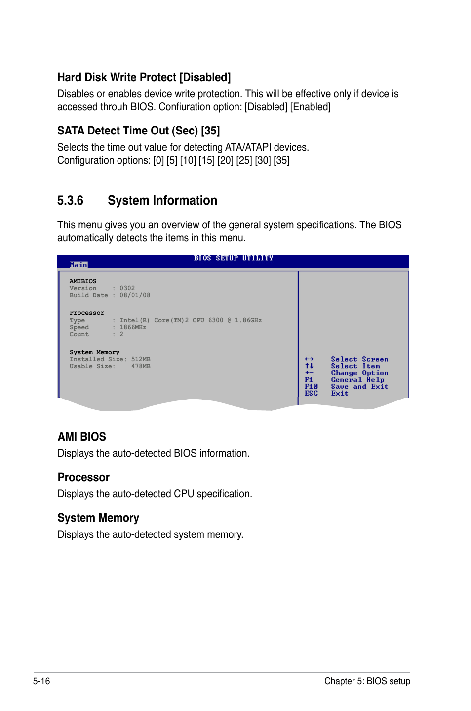 6 system information, Ami bios, Processor | Hard disk write protect [disabled, Sata detect time out (sec) [35 | Asus V4-P5G43 User Manual | Page 88 / 110