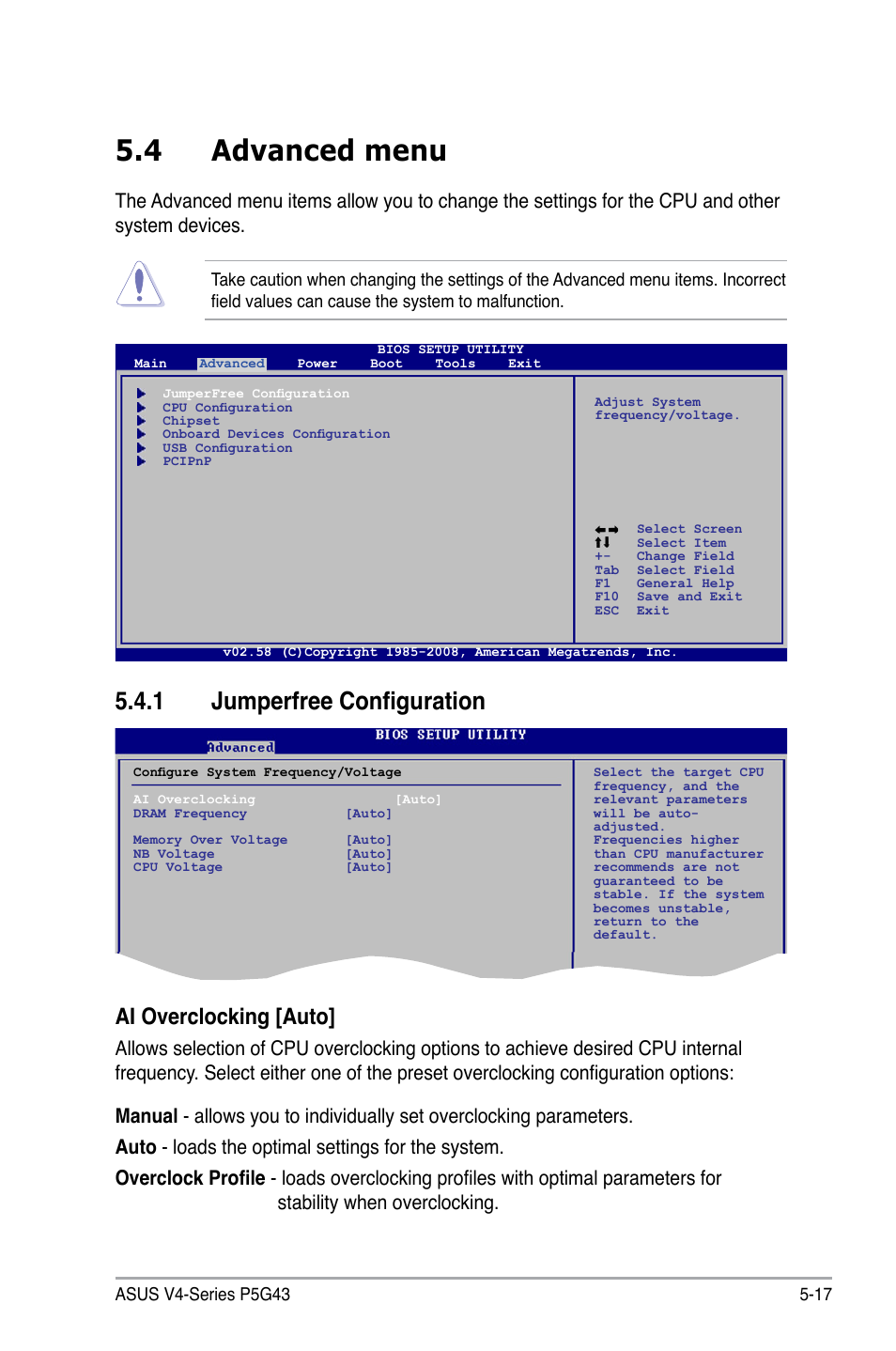 4 advanced menu, 1 jumperfree configuration, Ai overclocking [auto | Asus V4-P5G43 User Manual | Page 89 / 110