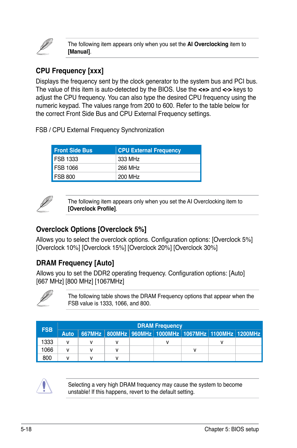 Cpu frequency [xxx, Overclock options [overclock 5, Dram frequency [auto | Asus V4-P5G43 User Manual | Page 90 / 110