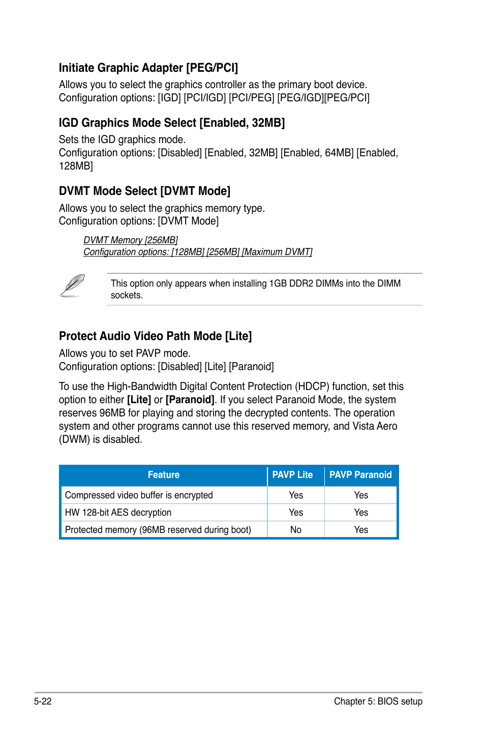 Initiate graphic adapter [peg/pci, Igd graphics mode select [enabled, 32mb, Dvmt mode select [dvmt mode | Protect audio video path mode [lite | Asus V4-P5G43 User Manual | Page 94 / 110