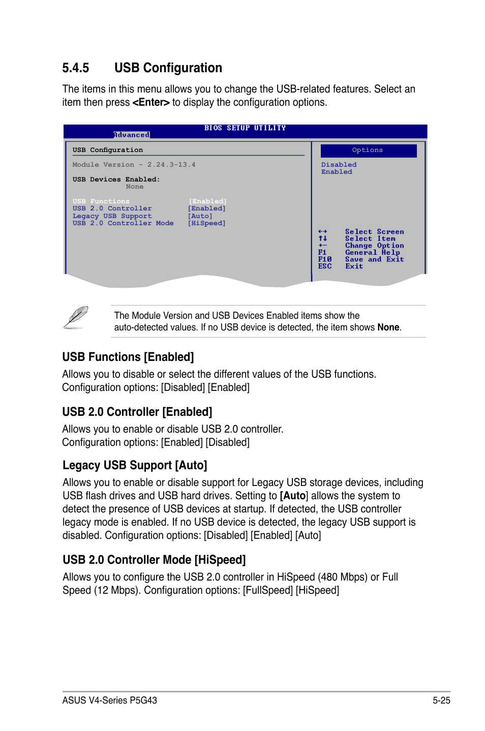 5 usb configuration, Usb functions [enabled, Usb 2.0 controller [enabled | Legacy usb support [auto, Usb 2.0 controller mode [hispeed | Asus V4-P5G43 User Manual | Page 97 / 110