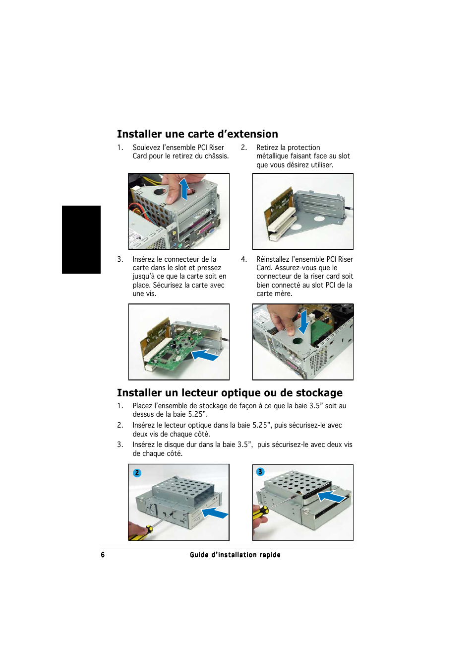 Installer un lecteur optique ou de stockage, Installer une carte d’extension, Fran ç ais | Asus P1-PH1 User Manual | Page 14 / 80