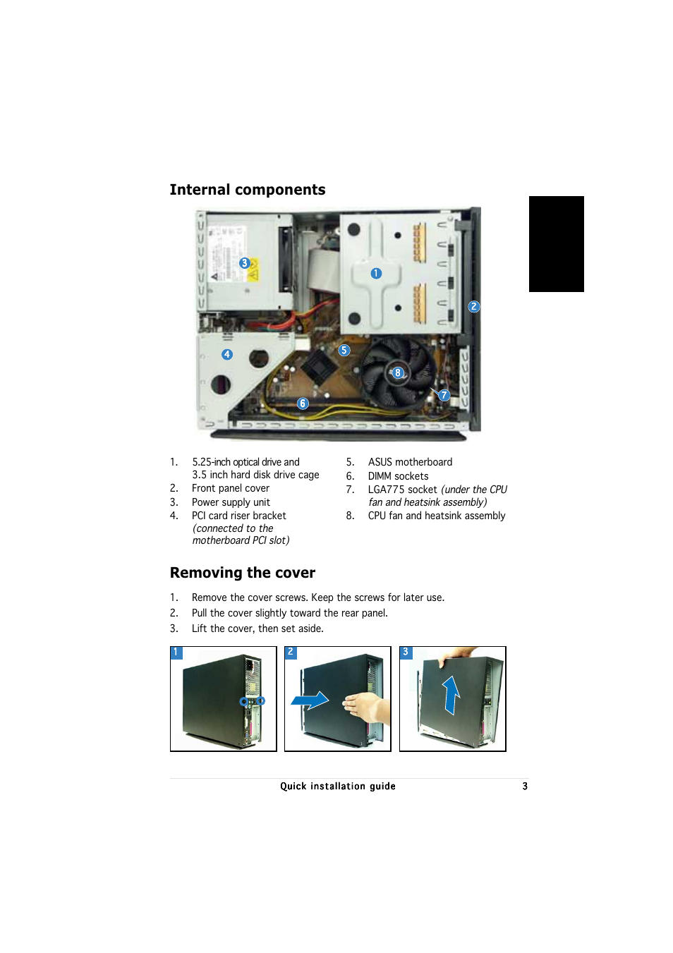 Internal components, Removing the cover | Asus P1-PH1 User Manual | Page 3 / 80