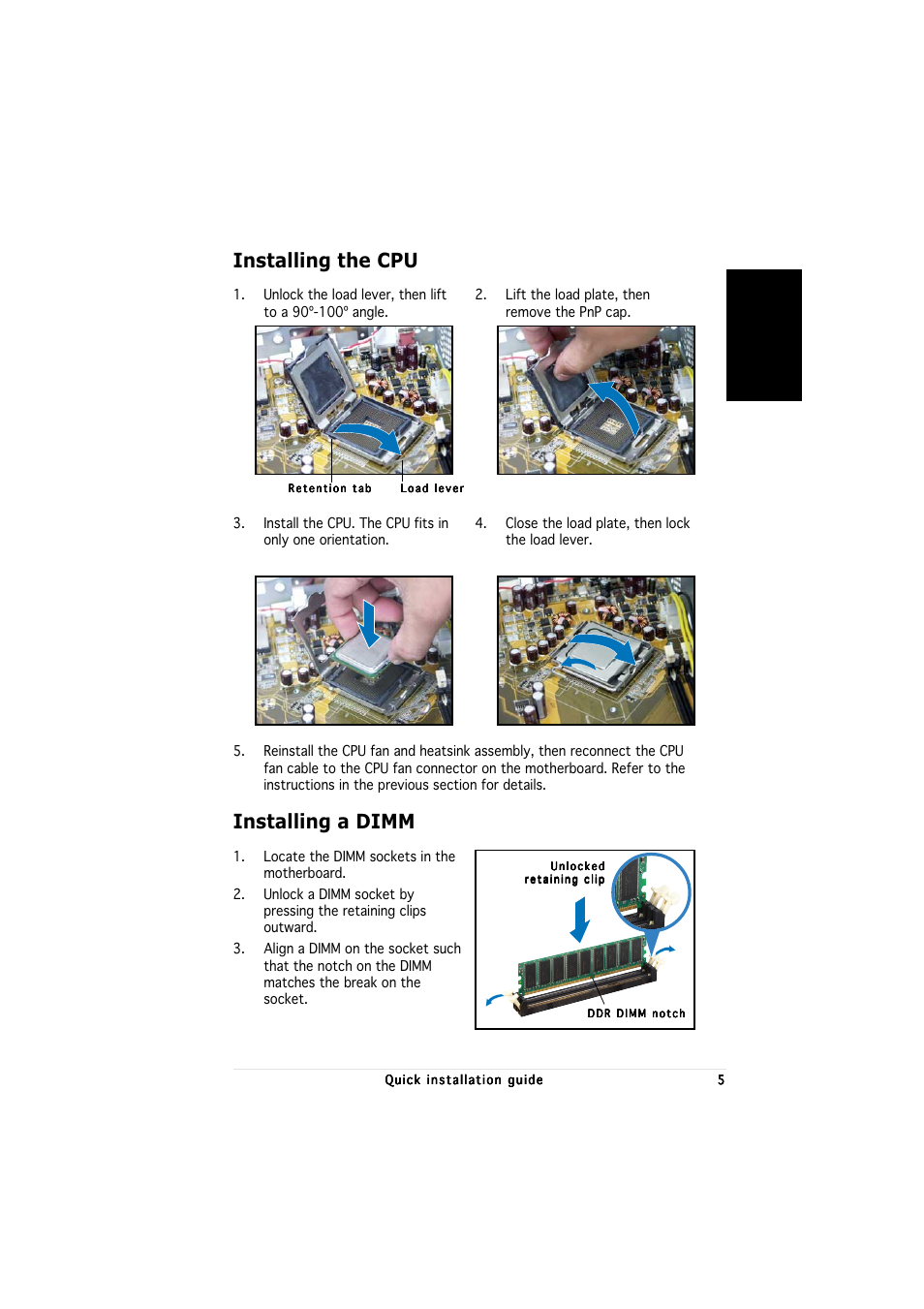 Installing the cpu, Installing a dimm | Asus P1-PH1 User Manual | Page 5 / 80