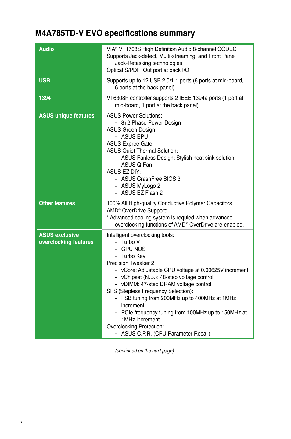 M4a785td-v evo specifications summary | Asus M4A785TD-V EVO/U3S6 User Manual | Page 10 / 64