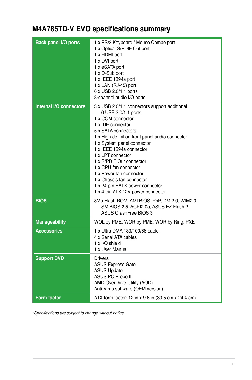 M4a785td-v evo specifications summary | Asus M4A785TD-V EVO/U3S6 User Manual | Page 11 / 64