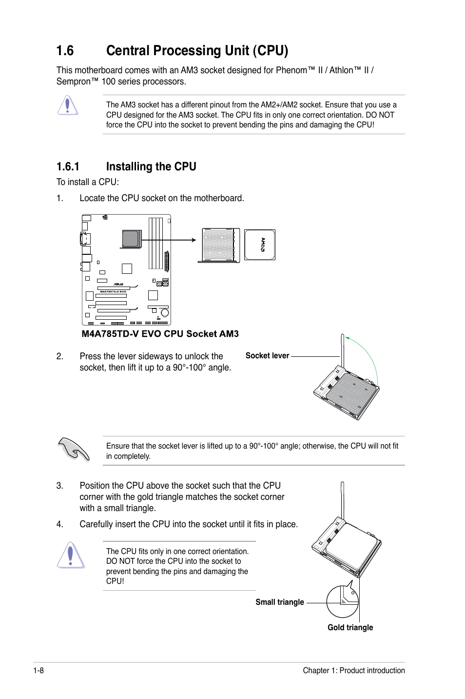 6 central processing unit (cpu), 1 installing the cpu, Central processing unit (cpu) -8 1.6.1 | Installing the cpu -8 | Asus M4A785TD-V EVO/U3S6 User Manual | Page 20 / 64