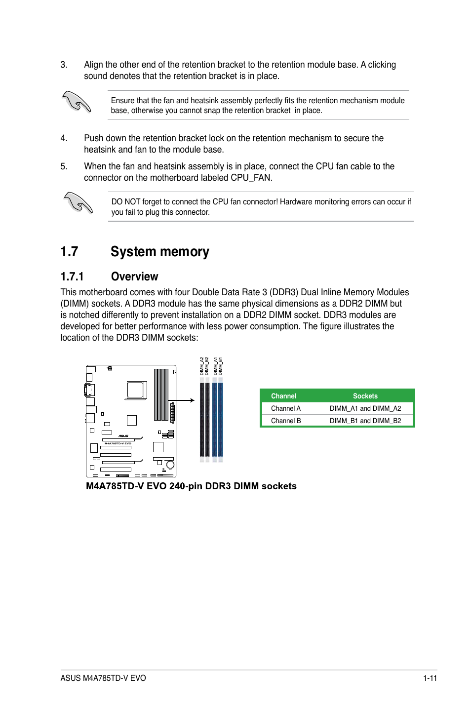 7 system memory, 1 overview, System memory -11 1.7.1 | Overview -11 | Asus M4A785TD-V EVO/U3S6 User Manual | Page 23 / 64