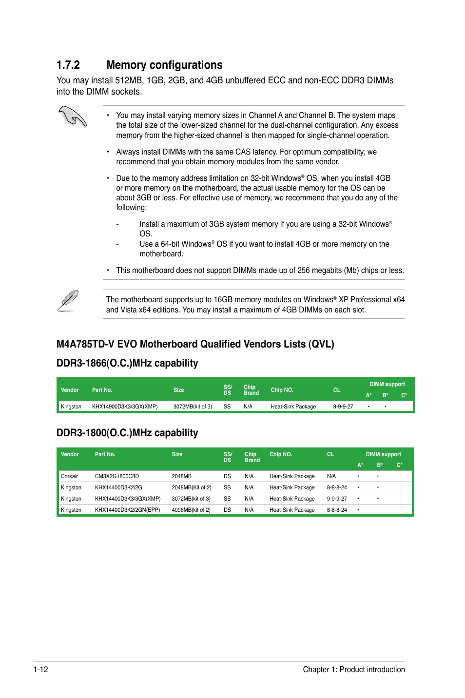 2 memory configurations, Memory configurations -12 | Asus M4A785TD-V EVO/U3S6 User Manual | Page 24 / 64