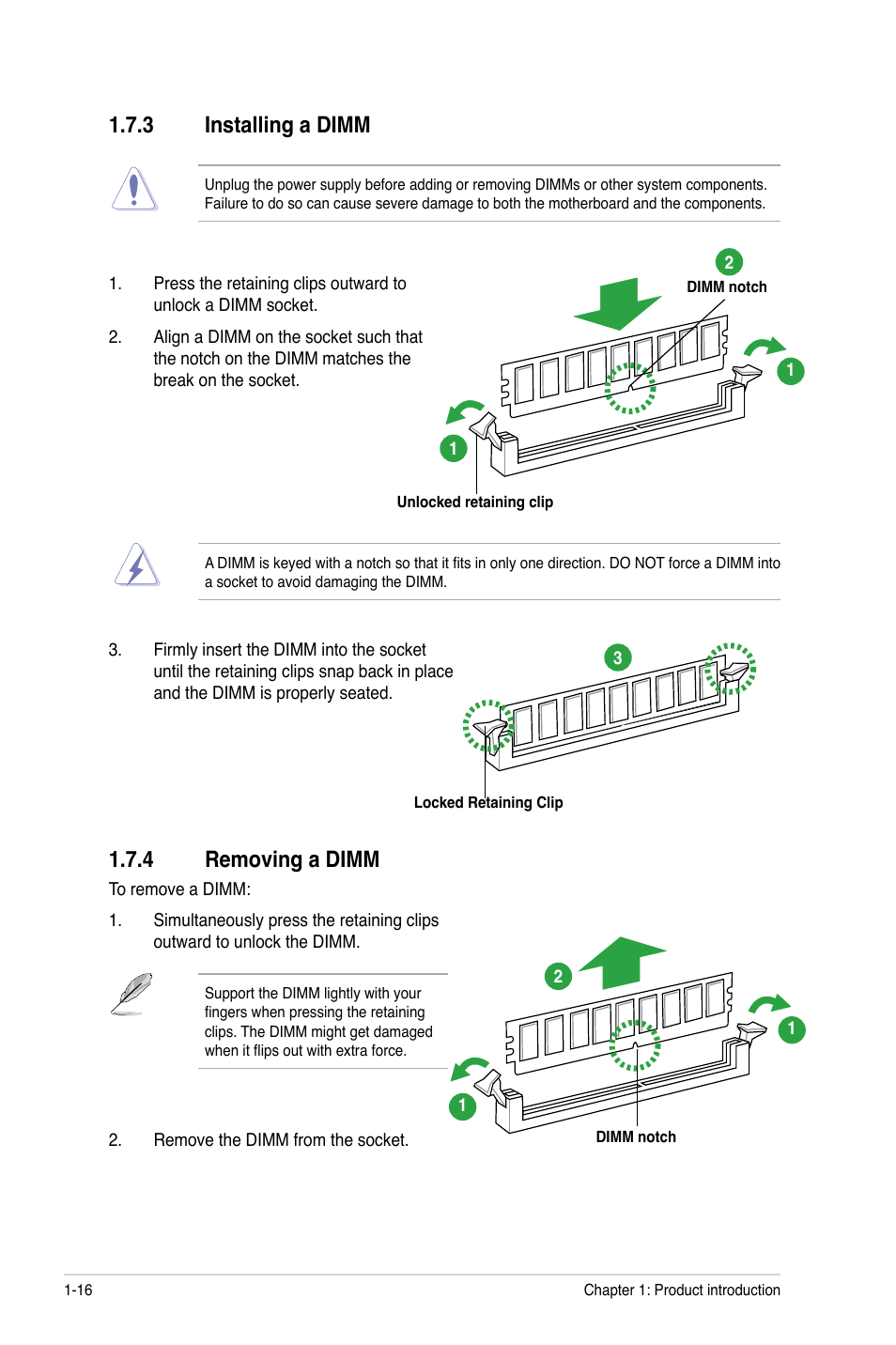 3 installing a dimm, 4 removing a dimm, Installing a dimm -16 | Removing a dimm -16 | Asus M4A785TD-V EVO/U3S6 User Manual | Page 28 / 64