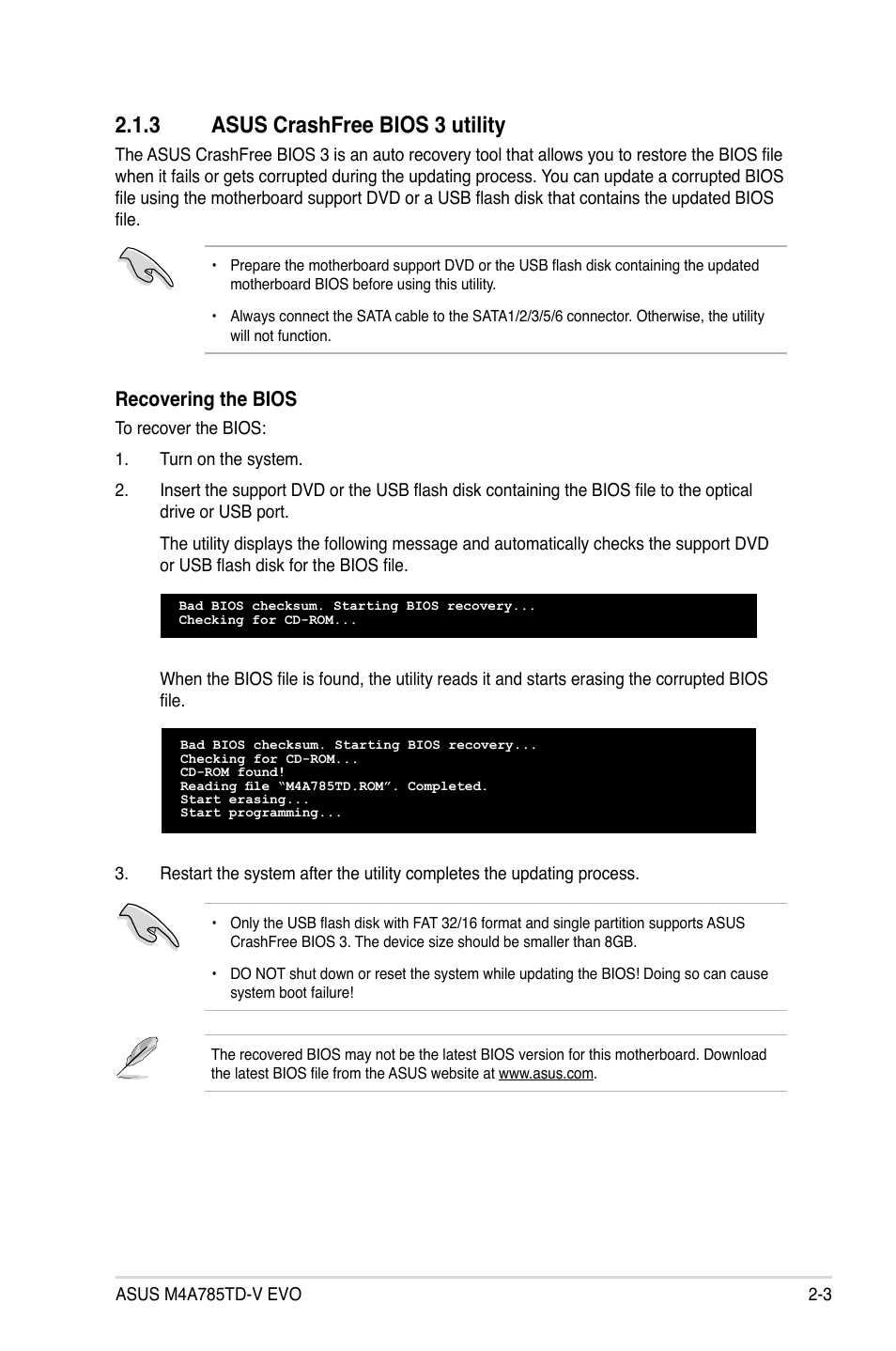 3 asus crashfree bios 3 utility, Asus crashfree bios 3 utility -3, Recovering the bios | Asus M4A785TD-V EVO/U3S6 User Manual | Page 45 / 64