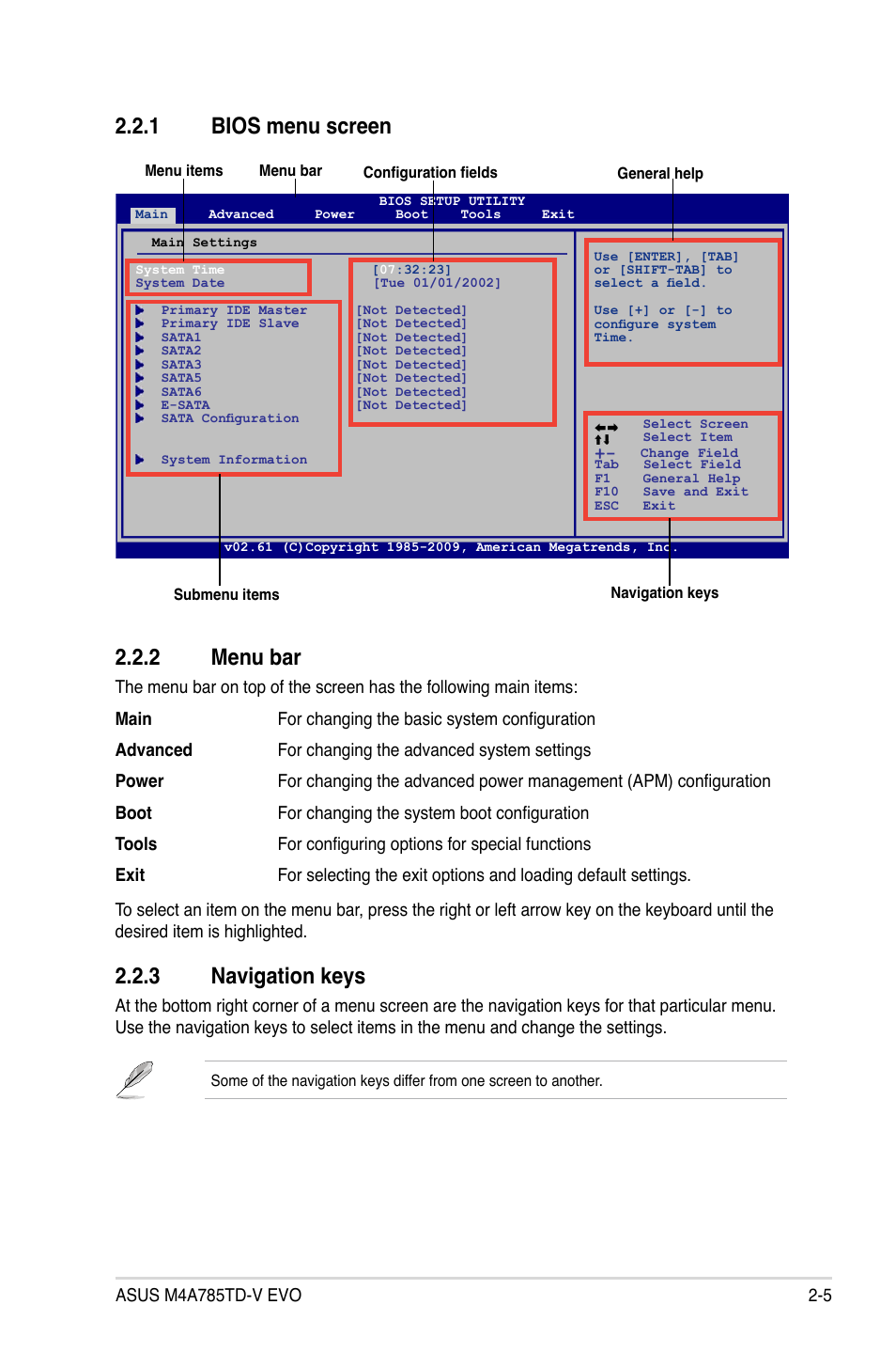 1 bios menu screen, 2 menu bar, 3 navigation keys | Bios menu screen -5, Menu bar -5, Navigation keys -5, 1 bios menu screen 2.2.2 menu bar | Asus M4A785TD-V EVO/U3S6 User Manual | Page 47 / 64