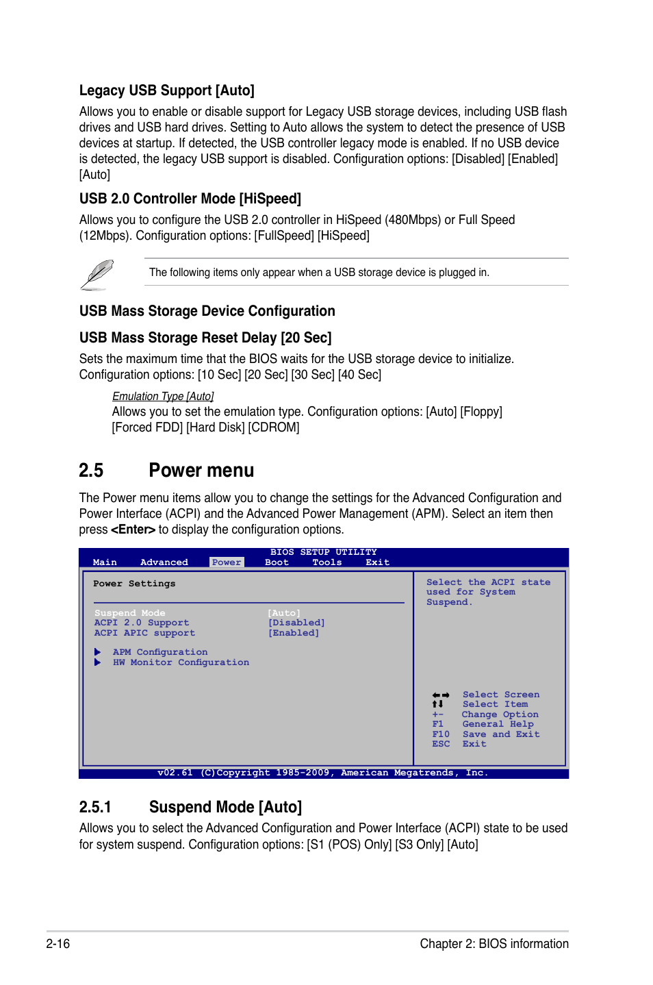 5 power menu, 1 suspend mode, Power menu -16 2.5.1 | Suspend mode -16, 1 suspend mode [auto, Legacy usb support [auto, Usb 2.0 controller mode [hispeed | Asus M4A785TD-V EVO/U3S6 User Manual | Page 58 / 64