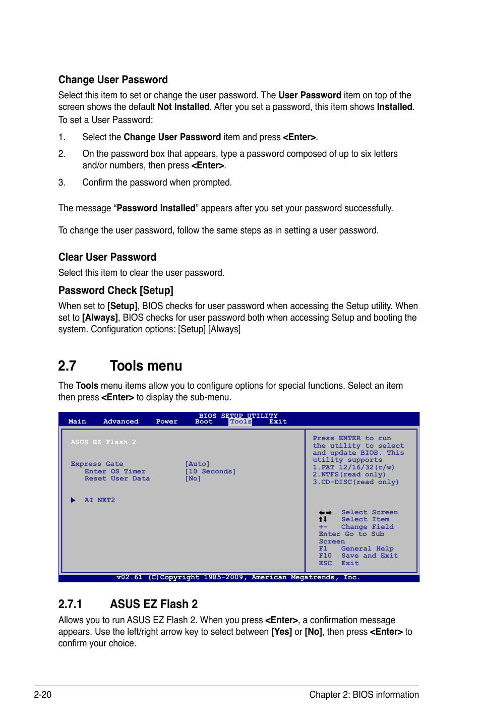 7 tools menu, 1 asus ez flash 2, Tools menu -20 2.7.1 | Asus ez flash 2 -20, Change user password, Clear user password, Password check [setup | Asus M4A785TD-V EVO/U3S6 User Manual | Page 62 / 64