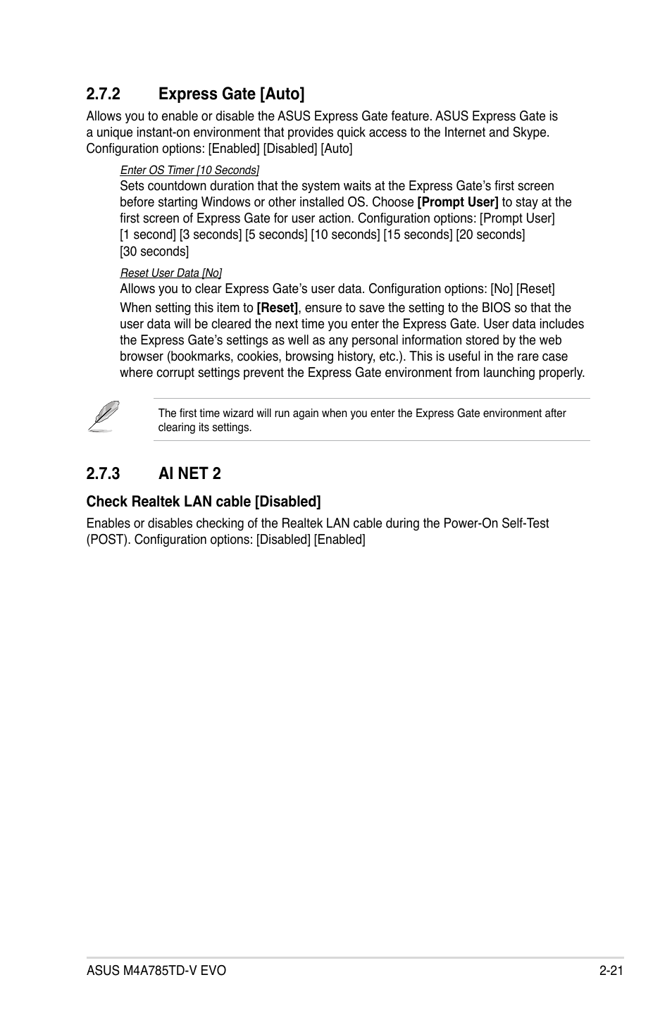 2 express gate, 3 ai net 2, Express gate -21 | Ai net 2 -21, 2 express gate [auto | Asus M4A785TD-V EVO/U3S6 User Manual | Page 63 / 64