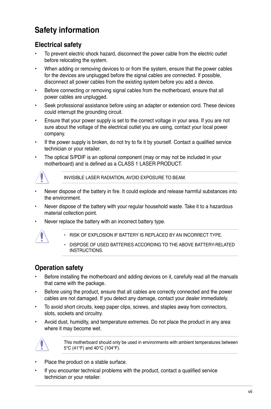 Safety information, Electrical safety, Operation safety | Asus M4A785TD-V EVO/U3S6 User Manual | Page 7 / 64