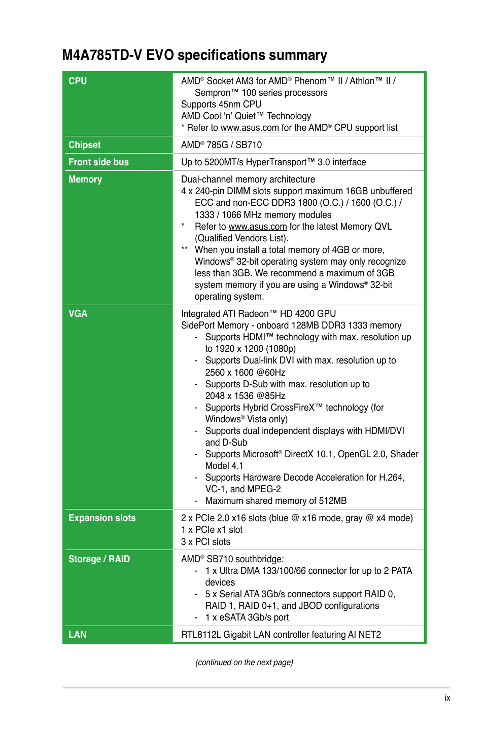 M4a785td-v evo specifications summary | Asus M4A785TD-V EVO/U3S6 User Manual | Page 9 / 64