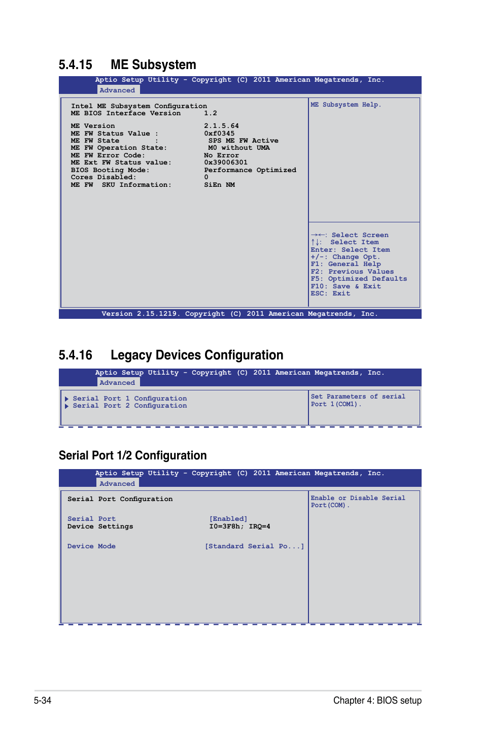 15 me subsystem, 16 legacy devices configuration, Serial port 1/2 configuration | 34 chapter 4: bios setup | Asus RS720-E7/RS12 User Manual | Page 102 / 190