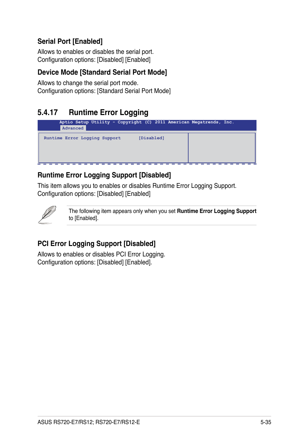 17 runtime error logging, Runtime error logging support [disabled, Serial port [enabled | Device mode [standard serial port mode, Pci error logging support [disabled | Asus RS720-E7/RS12 User Manual | Page 103 / 190