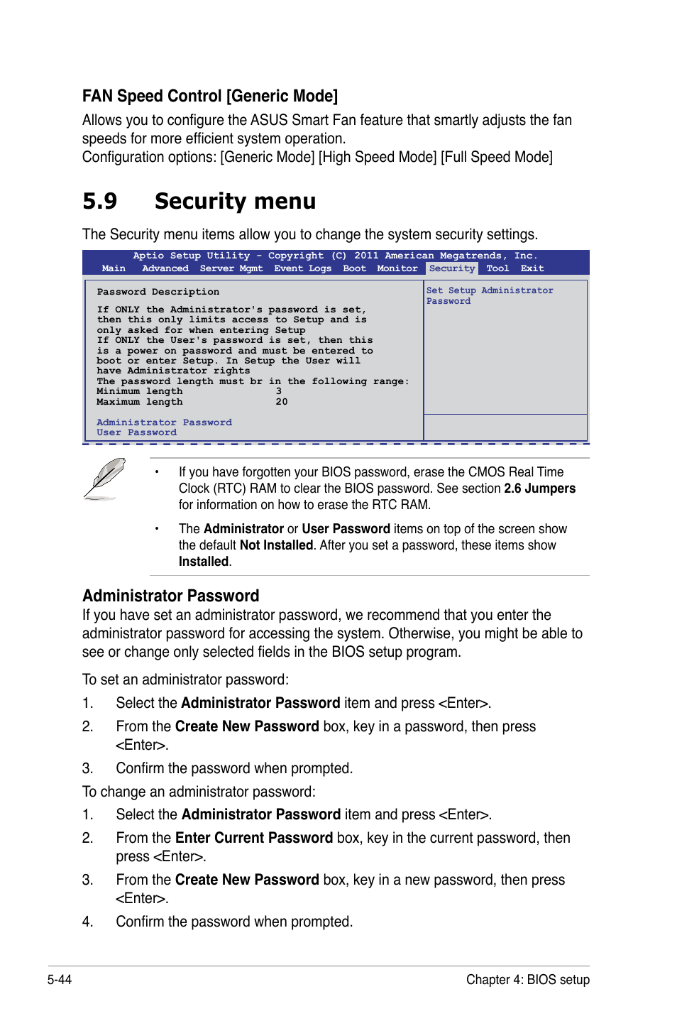 9 security menu, Fan speed control [generic mode, Administrator password | Asus RS720-E7/RS12 User Manual | Page 112 / 190