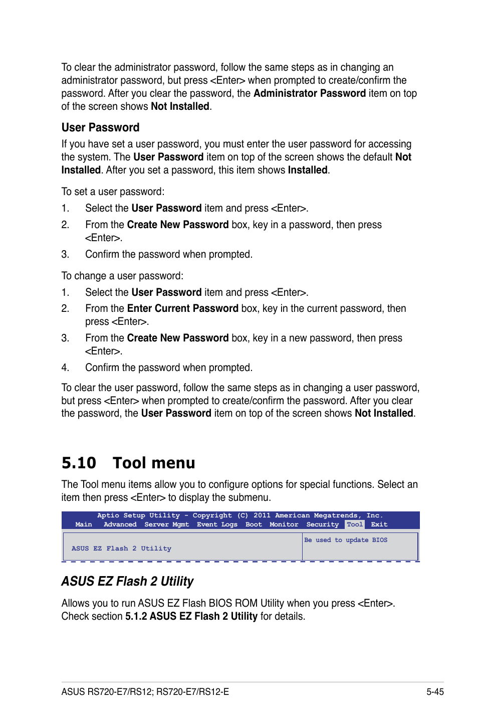 10 tool menu, Asus ez flash 2 utility, User password | Asus RS720-E7/RS12 User Manual | Page 113 / 190