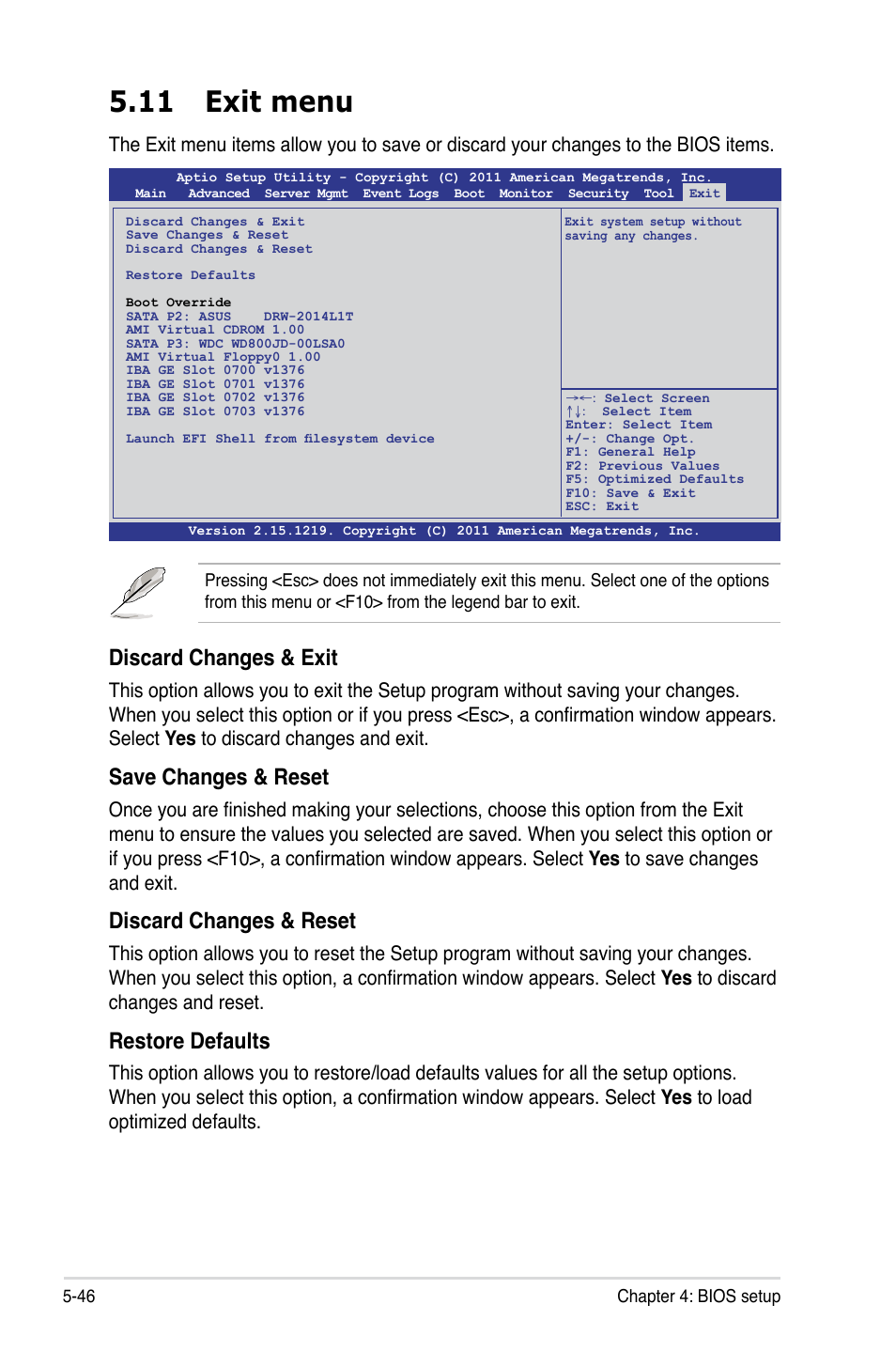 11 exit menu, Discard changes & exit, Save changes & reset | Discard changes & reset, Restore defaults | Asus RS720-E7/RS12 User Manual | Page 114 / 190