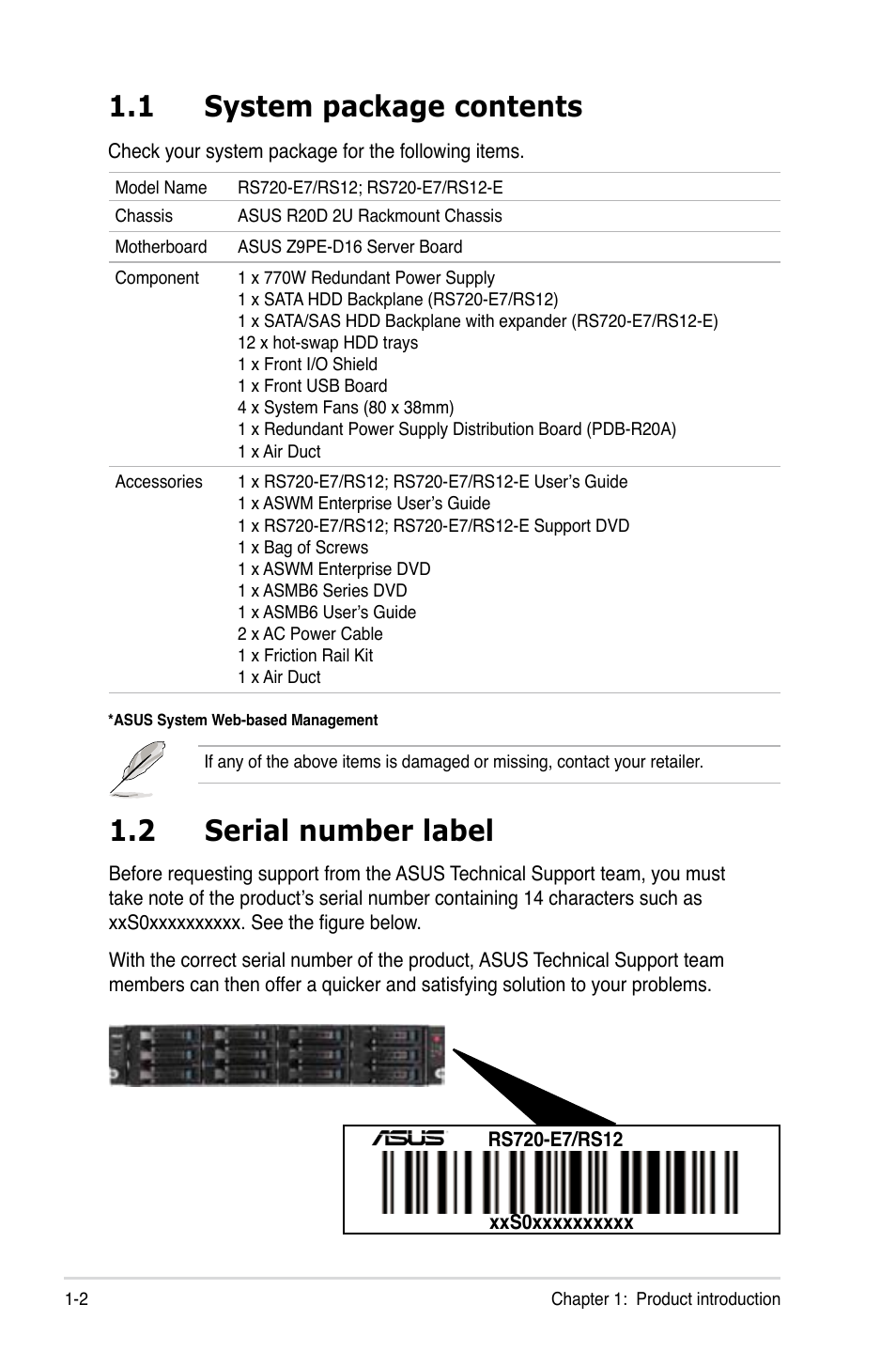 1 system package contents, 2 serial number label | Asus RS720-E7/RS12 User Manual | Page 12 / 190