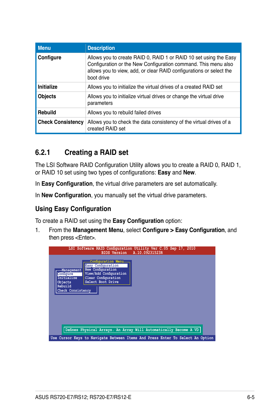 1 creating a raid set, Using easy configuration | Asus RS720-E7/RS12 User Manual | Page 121 / 190