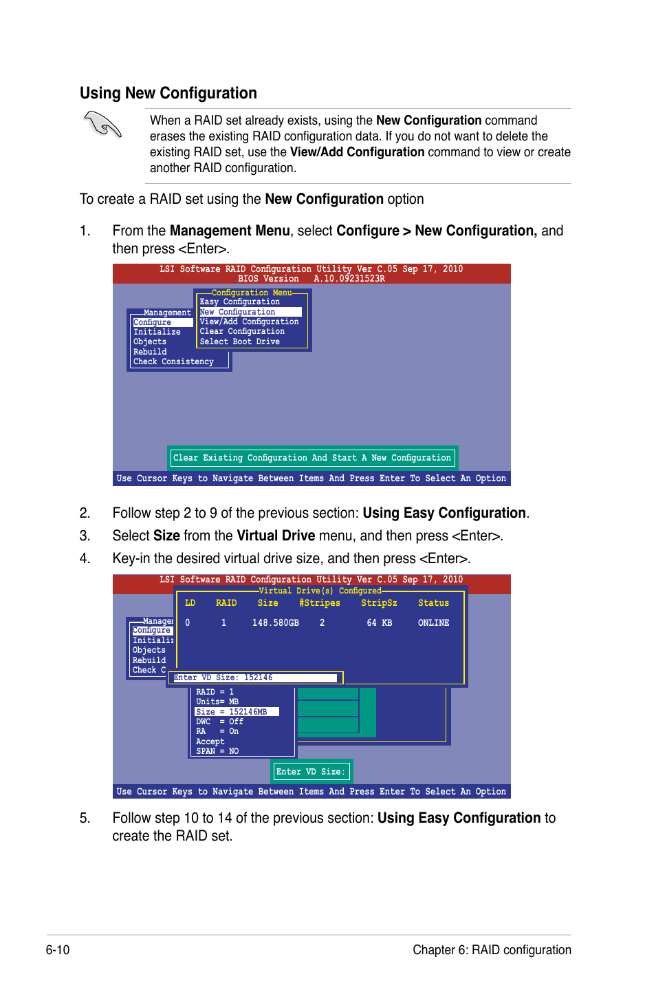 Using new configuration, 10 chapter 6: raid configuration | Asus RS720-E7/RS12 User Manual | Page 126 / 190