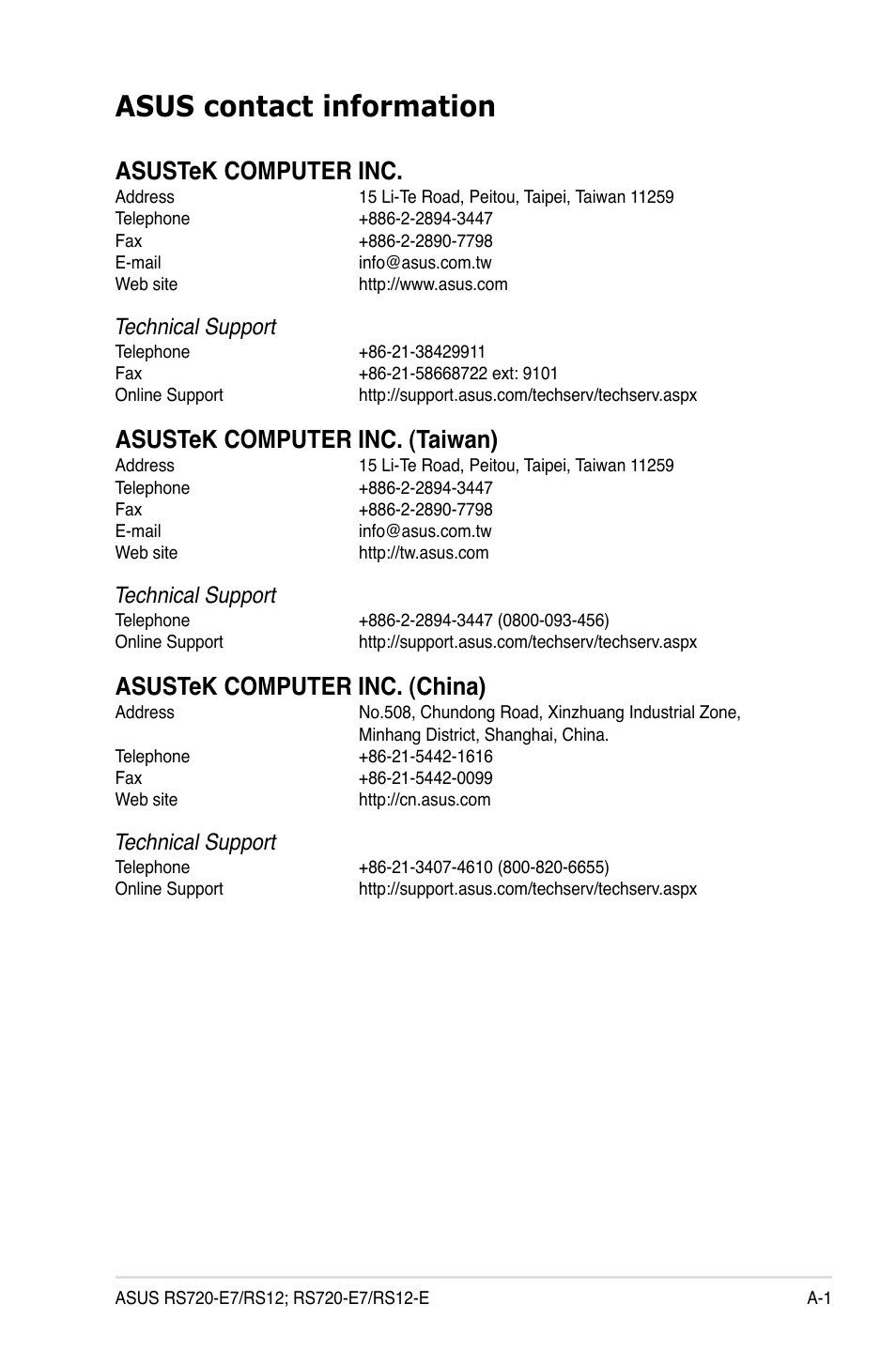 Asus contact information, Asustek computer inc, Asustek computer inc. (taiwan) | Asustek computer inc. (china), Technical support | Asus RS720-E7/RS12 User Manual | Page 189 / 190