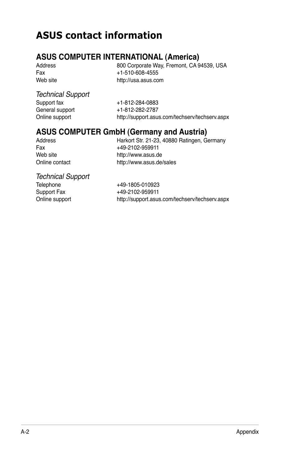 Asus contact information, Asus computer international (america), Asus computer gmbh (germany and austria) | Technical support | Asus RS720-E7/RS12 User Manual | Page 190 / 190