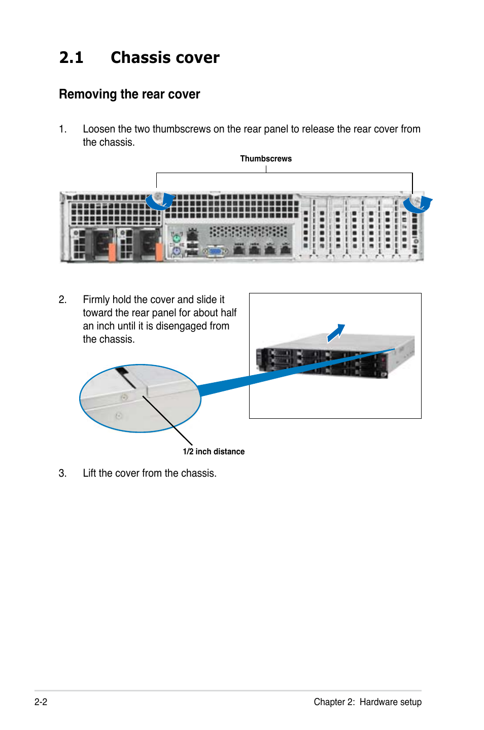 1 chassis cover, Removing the rear cover | Asus RS720-E7/RS12 User Manual | Page 22 / 190