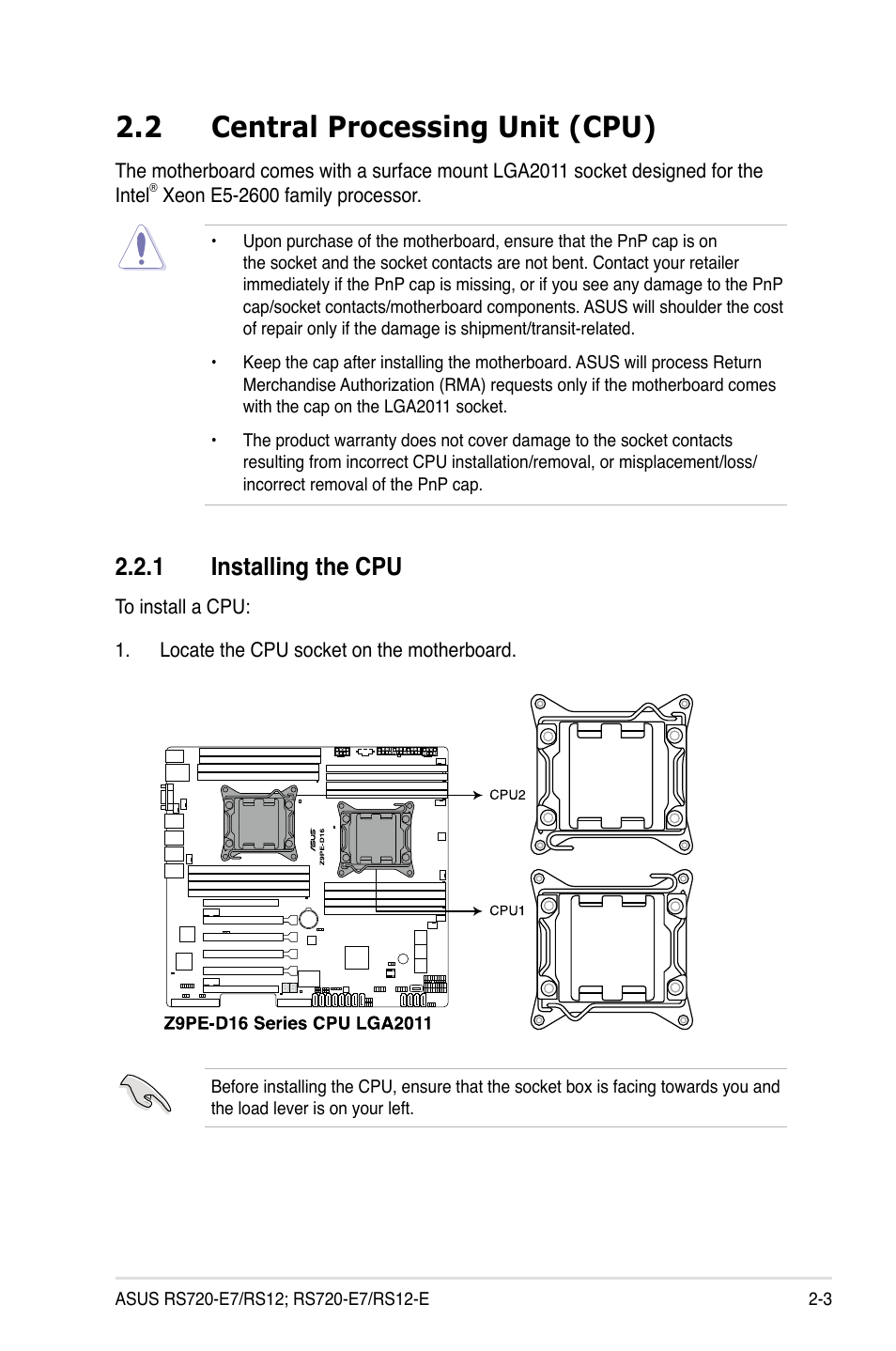 2 central processing unit (cpu), 1 installing the cpu | Asus RS720-E7/RS12 User Manual | Page 23 / 190