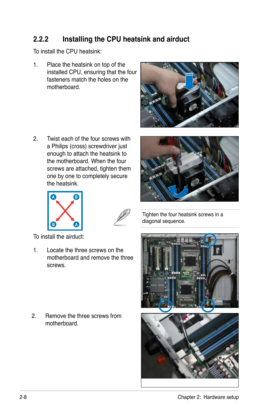 2 installing the cpu heatsink and airduct | Asus RS720-E7/RS12 User Manual | Page 28 / 190