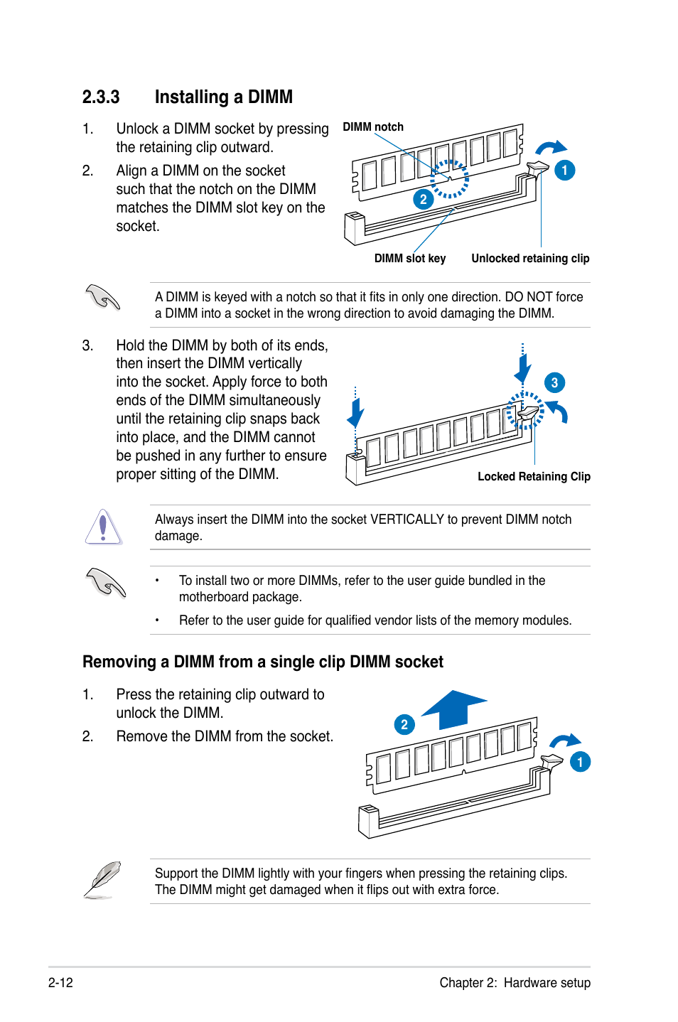 3 installing a dimm, Removing a dimm from a single clip dimm socket | Asus RS720-E7/RS12 User Manual | Page 32 / 190