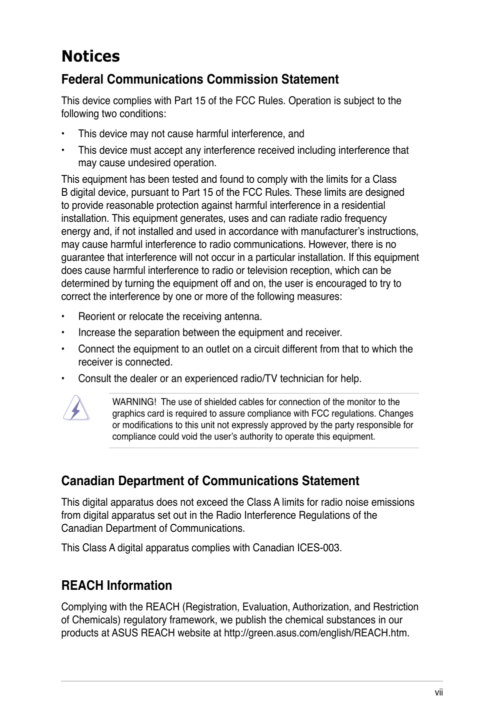 Notices, Federal communications commission statement, Canadian department of communications statement | Reach information | Asus RS720-E7/RS12 User Manual | Page 7 / 190