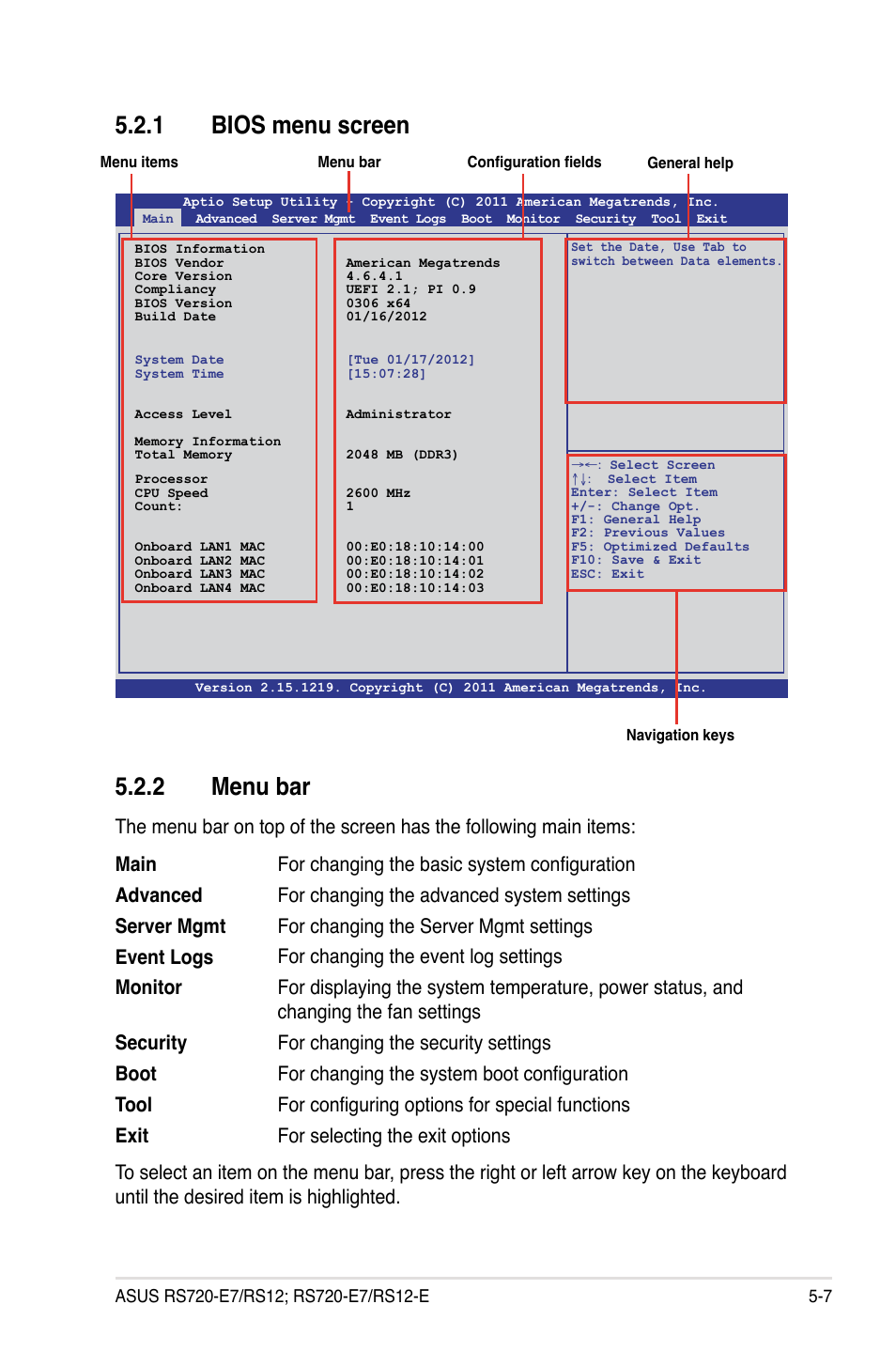 2 menu bar, 1 bios menu screen | Asus RS720-E7/RS12 User Manual | Page 75 / 190