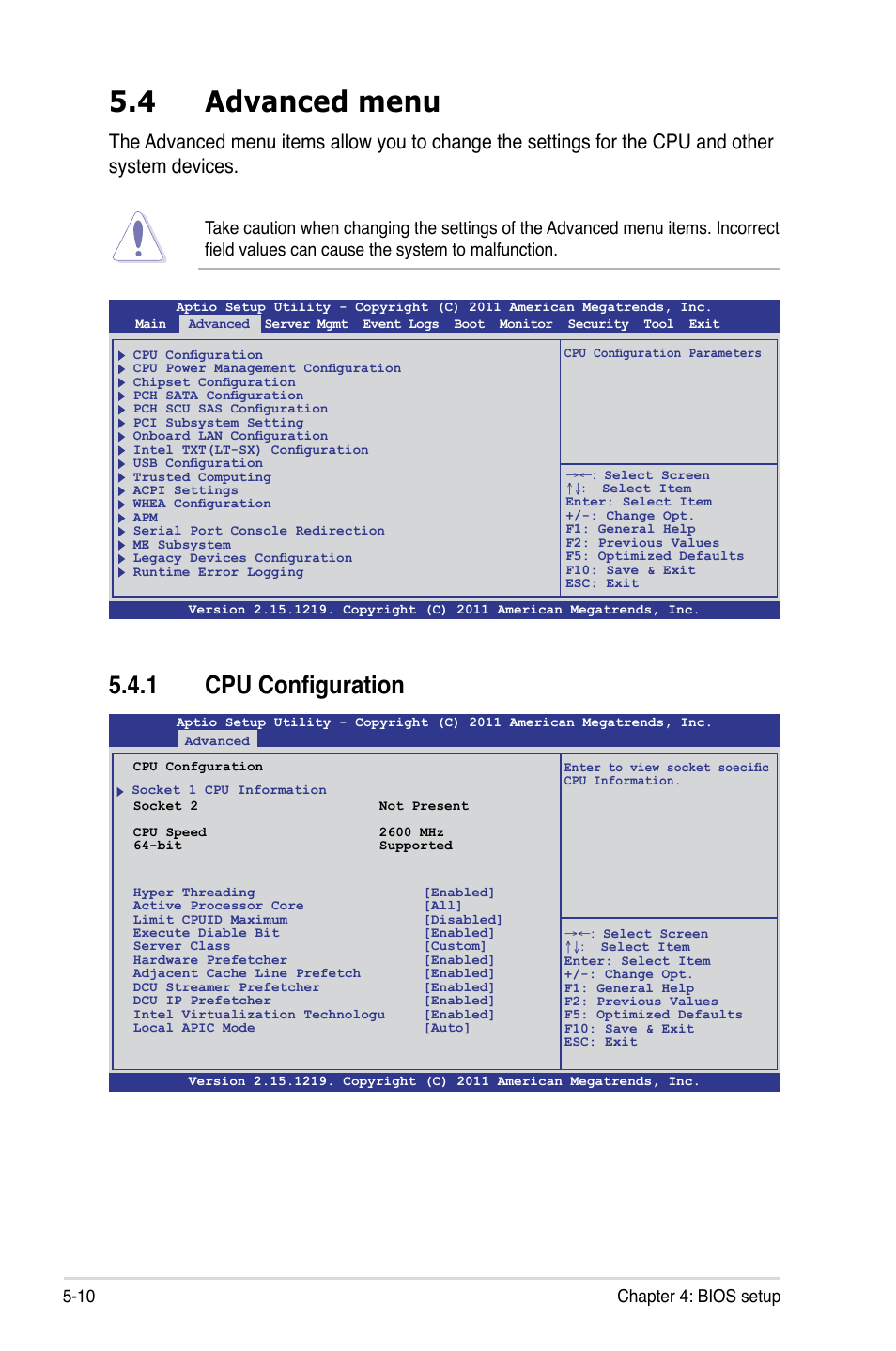 4 advanced menu, 1 cpu configuration, 10 chapter 4: bios setup | Asus RS720-E7/RS12 User Manual | Page 78 / 190