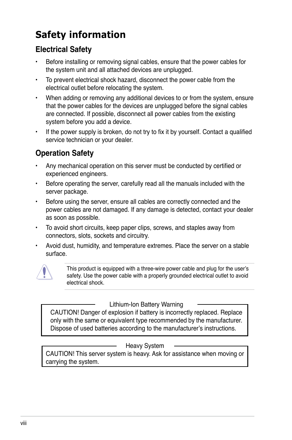 Safety information, Electrical safety, Operation safety | Asus RS720-E7/RS12 User Manual | Page 8 / 190