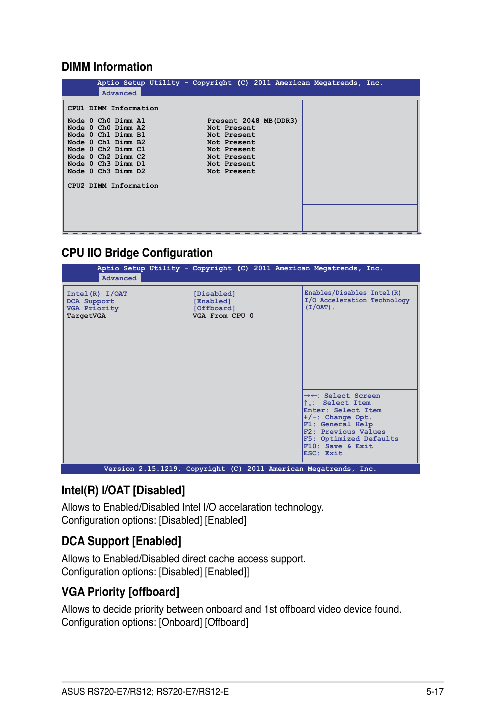 Intel(r) i/oat [disabled, Dca support [enabled, Vga priority [offboard | Cpu iio bridge configuration, Dimm information | Asus RS720-E7/RS12 User Manual | Page 85 / 190