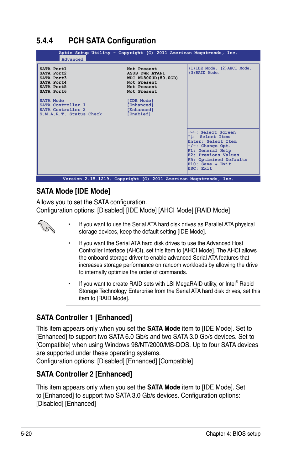 4 pch sata configuration, Sata mode [ide mode, Sata controller 1 [enhanced | Sata controller 2 [enhanced | Asus RS720-E7/RS12 User Manual | Page 88 / 190