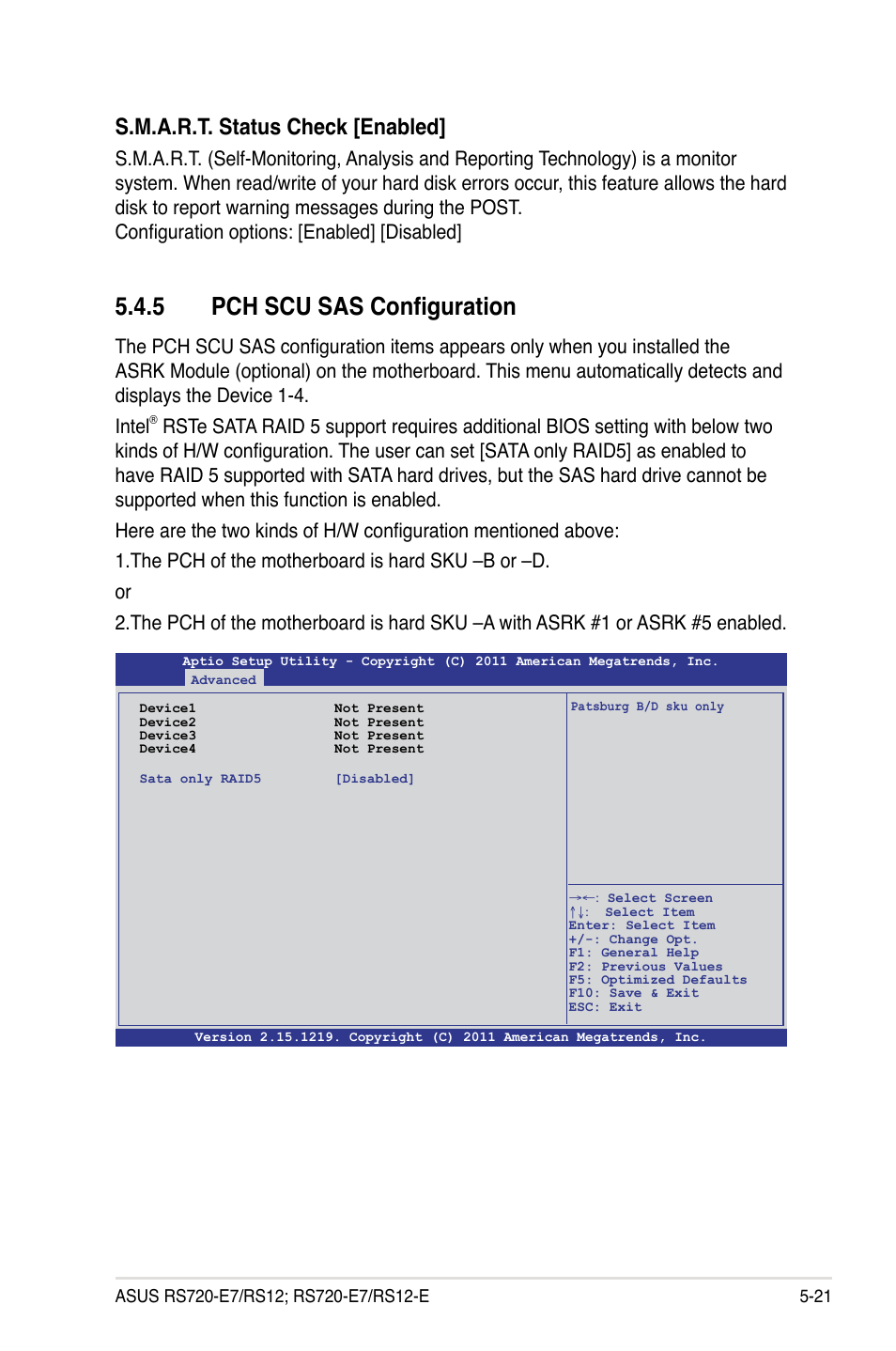 5 pch scu sas configuration, S.m.a.r.t. status check [enabled | Asus RS720-E7/RS12 User Manual | Page 89 / 190