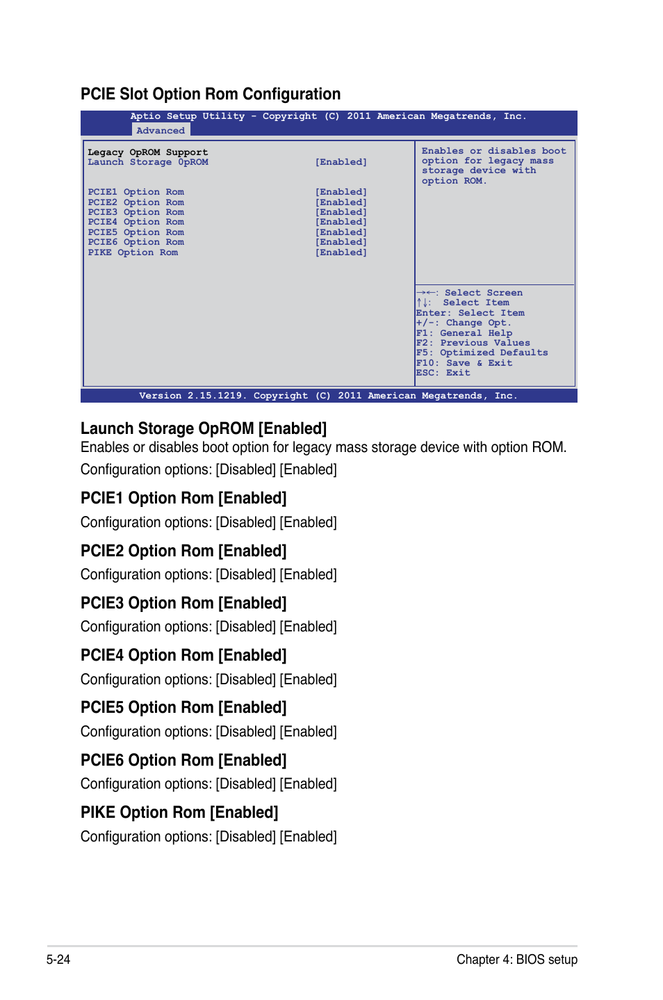 Pcie slot option rom configuration, Launch storage oprom [enabled, Pcie1 option rom [enabled | Pcie2 option rom [enabled, Pcie3 option rom [enabled, Pcie4 option rom [enabled, Pcie5 option rom [enabled, Pcie6 option rom [enabled, Pike option rom [enabled, Configuration options: [disabled] [enabled | Asus RS720-E7/RS12 User Manual | Page 92 / 190