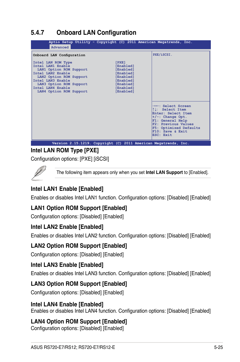 7 onboard lan configuration, Intel lan1 enable [enabled, Lan1 option rom support [enabled | Intel lan2 enable [enabled, Lan2 option rom support [enabled, Intel lan3 enable [enabled, Lan3 option rom support [enabled, Intel lan rom type [pxe, Intel lan4 enable [enabled, Lan4 option rom support [enabled | Asus RS720-E7/RS12 User Manual | Page 93 / 190