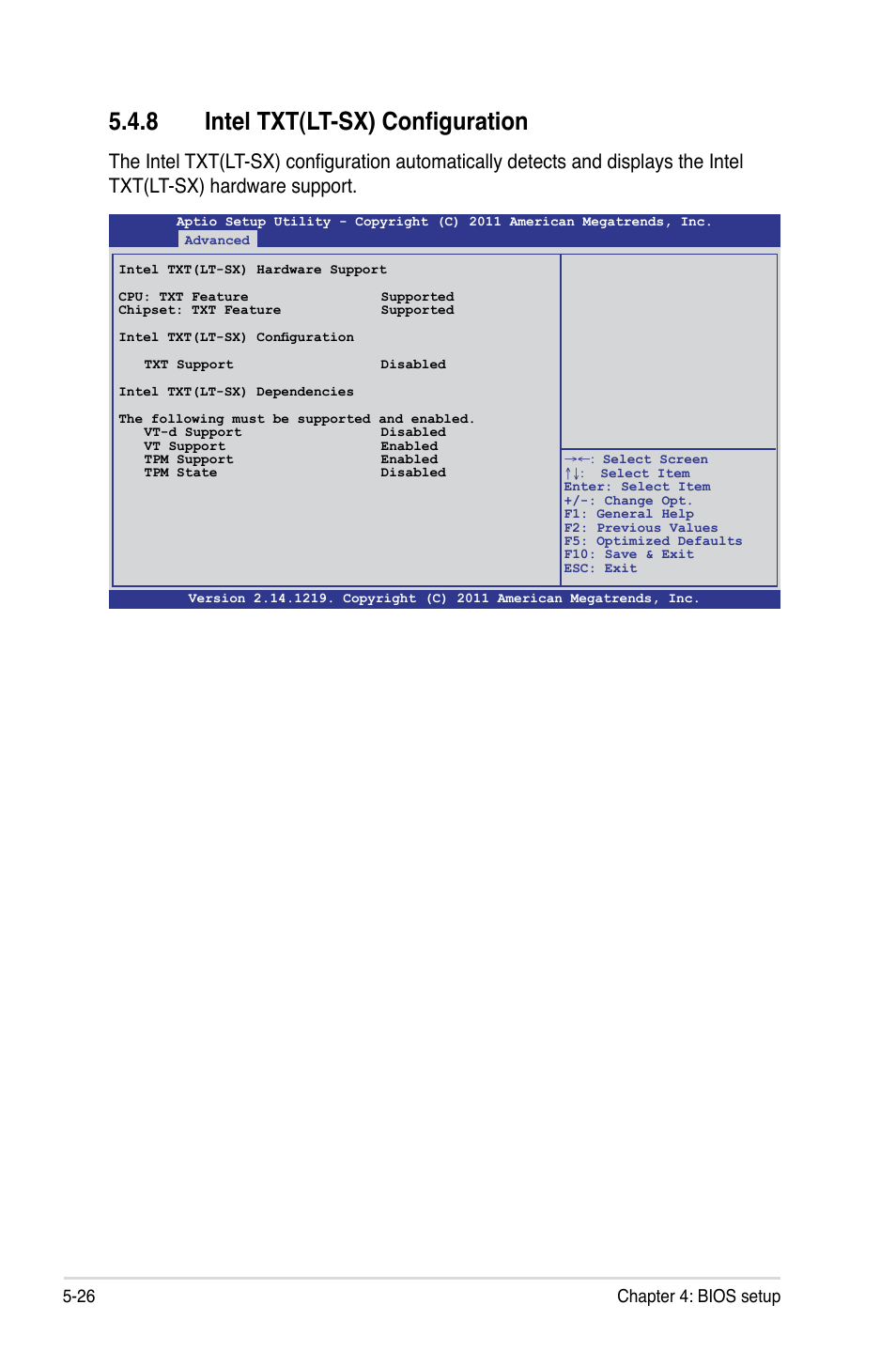 8 intel txt(lt-sx) configuration, 26 chapter 4: bios setup | Asus RS720-E7/RS12 User Manual | Page 94 / 190