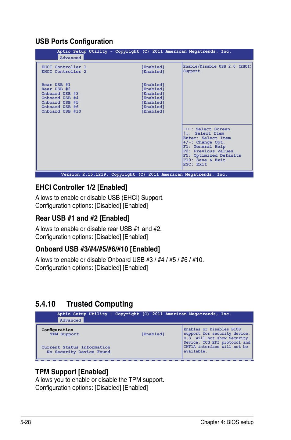 10 trusted computing, Usb ports configuration, Tpm support [enabled | Ehci controller 1/2 [enabled, Rear usb #1 and #2 [enabled, 28 chapter 4: bios setup | Asus RS720-E7/RS12 User Manual | Page 96 / 190