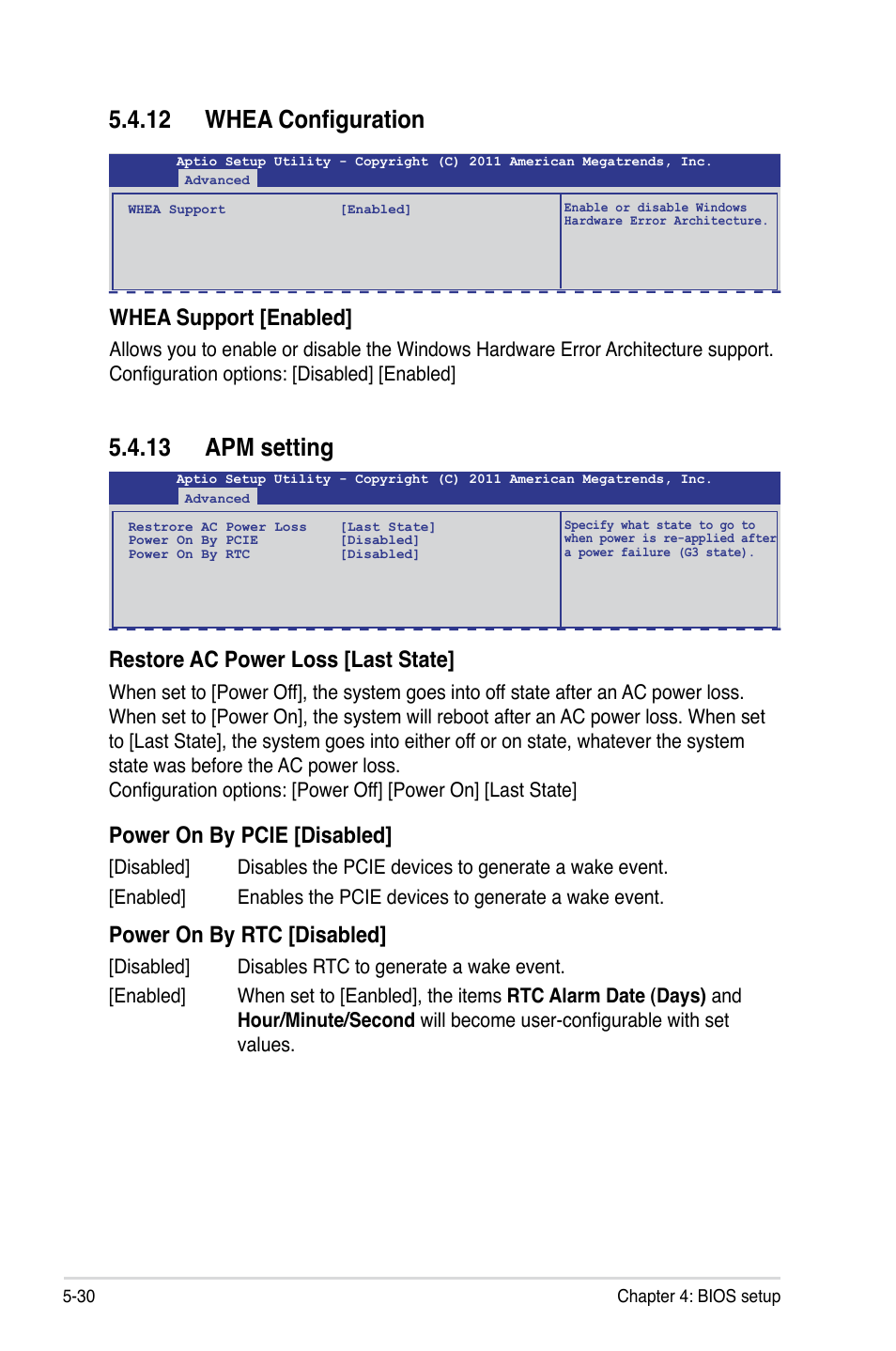 12 whea configuration, 13 apm setting, Whea support [enabled | Restore ac power loss [last state, Power on by pcie [disabled, Power on by rtc [disabled | Asus RS720-E7/RS12 User Manual | Page 98 / 190